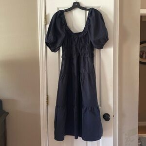 Blue Rain puffy sleeve navy midi dress